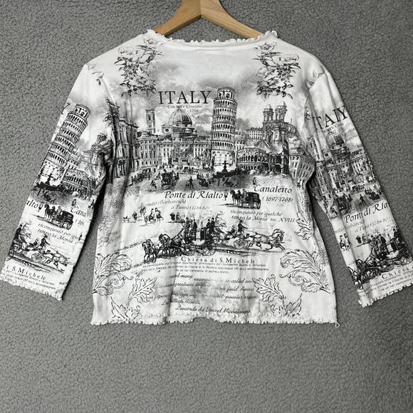 L. Marco Top Medium Italy City Art to WearRhinestone Ruffle V-Neck Shirt White - Picture 8 of 12